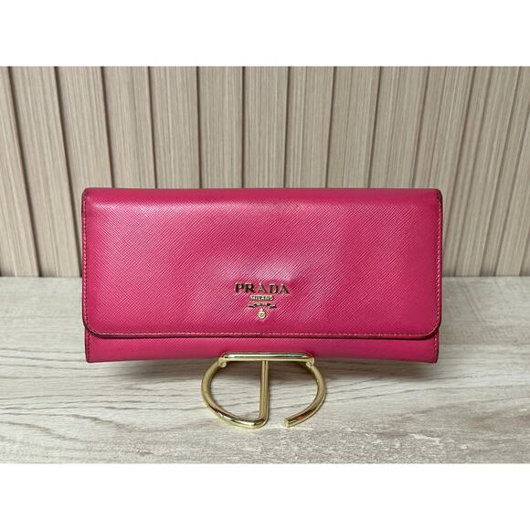 Prada Long Saffiano Leather Wallet in Bright Pink with Gold Accents - Picture 1 of 15